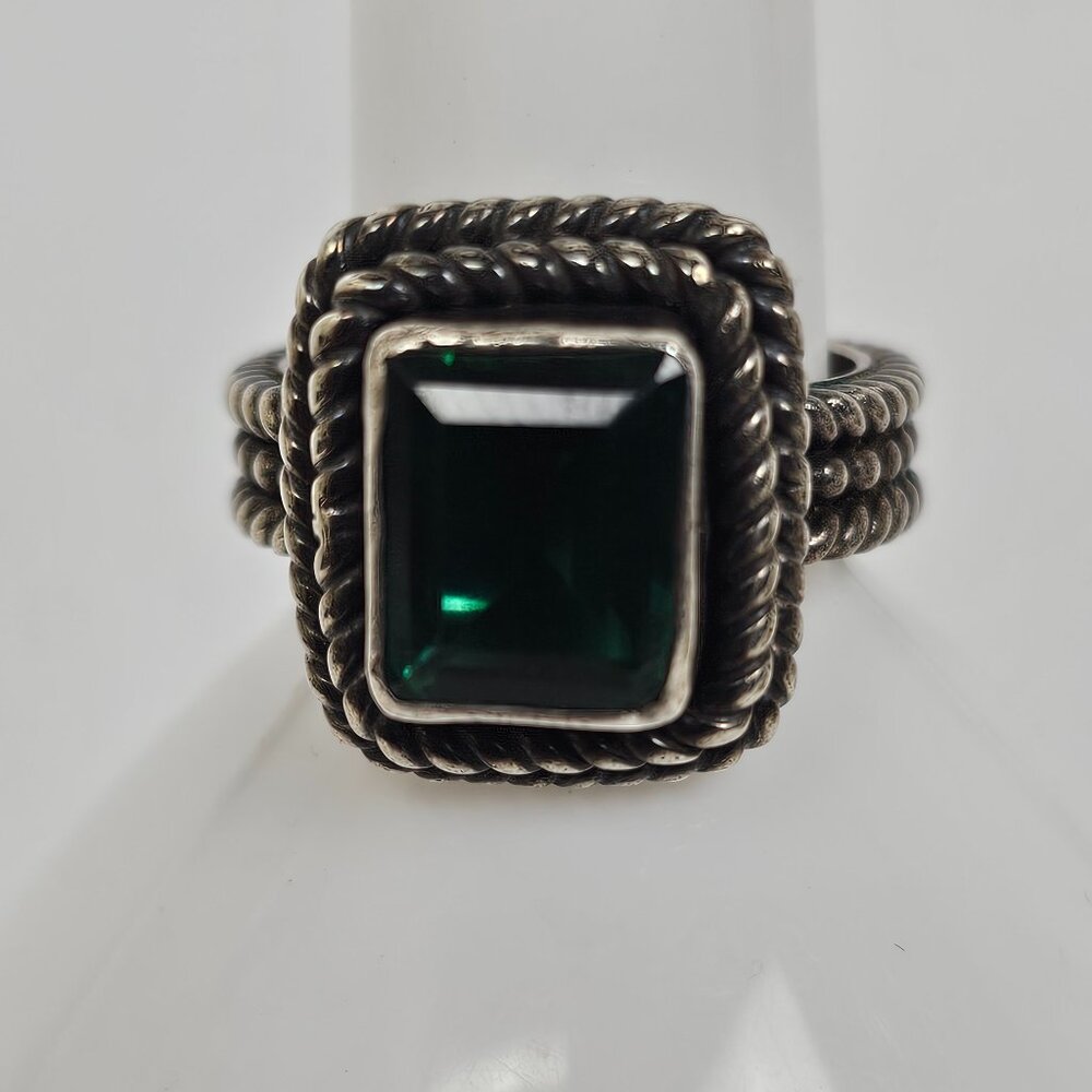 Vtg‎ Sterling Silver Green Quartz Ring Size 7 Square Textured Rope Band Chunky